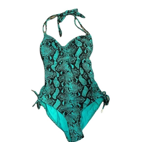 No Boundaries 1-Piece Swimsuit Snakeskin Print Sz M 7-9 Teal Blue & Black 206i - Picture 1 of 8